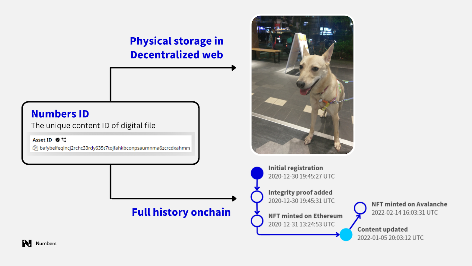Diagram: a Numbers ID (the unique content ID of a digital file) points to the file stored on the decentralized web and to its full on-chain history timeline, from initial registration to NFT minting and content updates